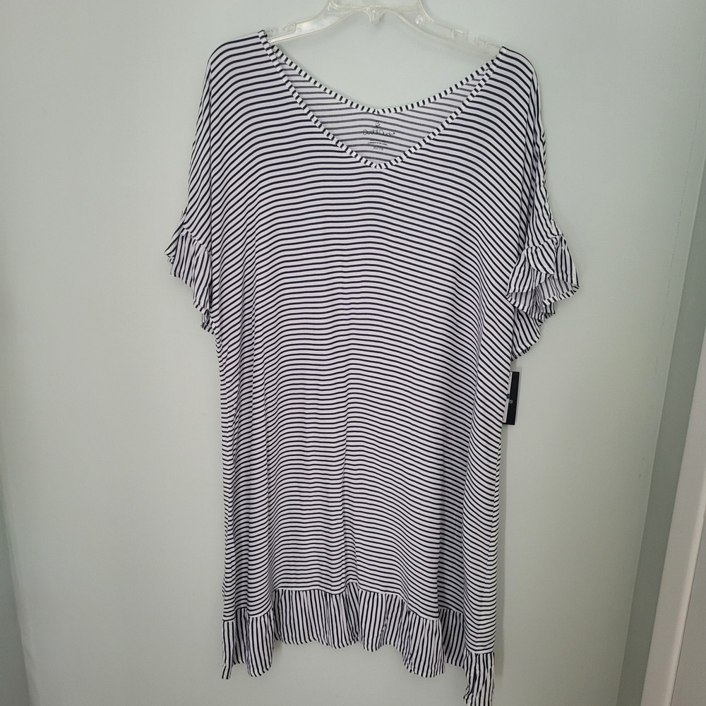 Cuddl Duds Women XL Striped Ruffle Lightweight Tunic Dress Coverup White Blue...